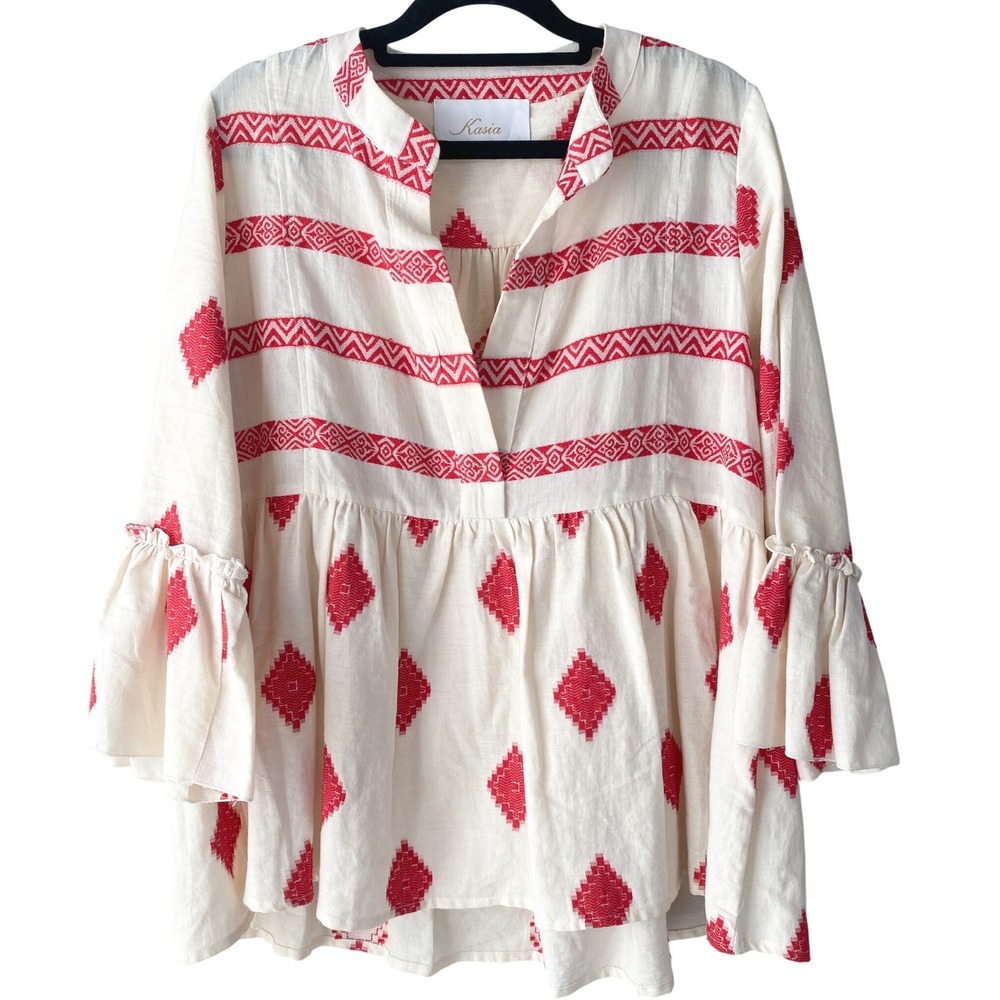 Kasia Tunic Blouse Women S Ivory Red Cotton Greece Boho Embroidered Bell